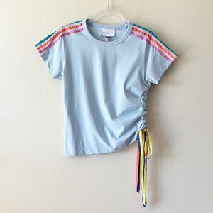 Mira Makati Playful Light Blue Rainbow Ribbon Ruched Cotton Tee Size XS